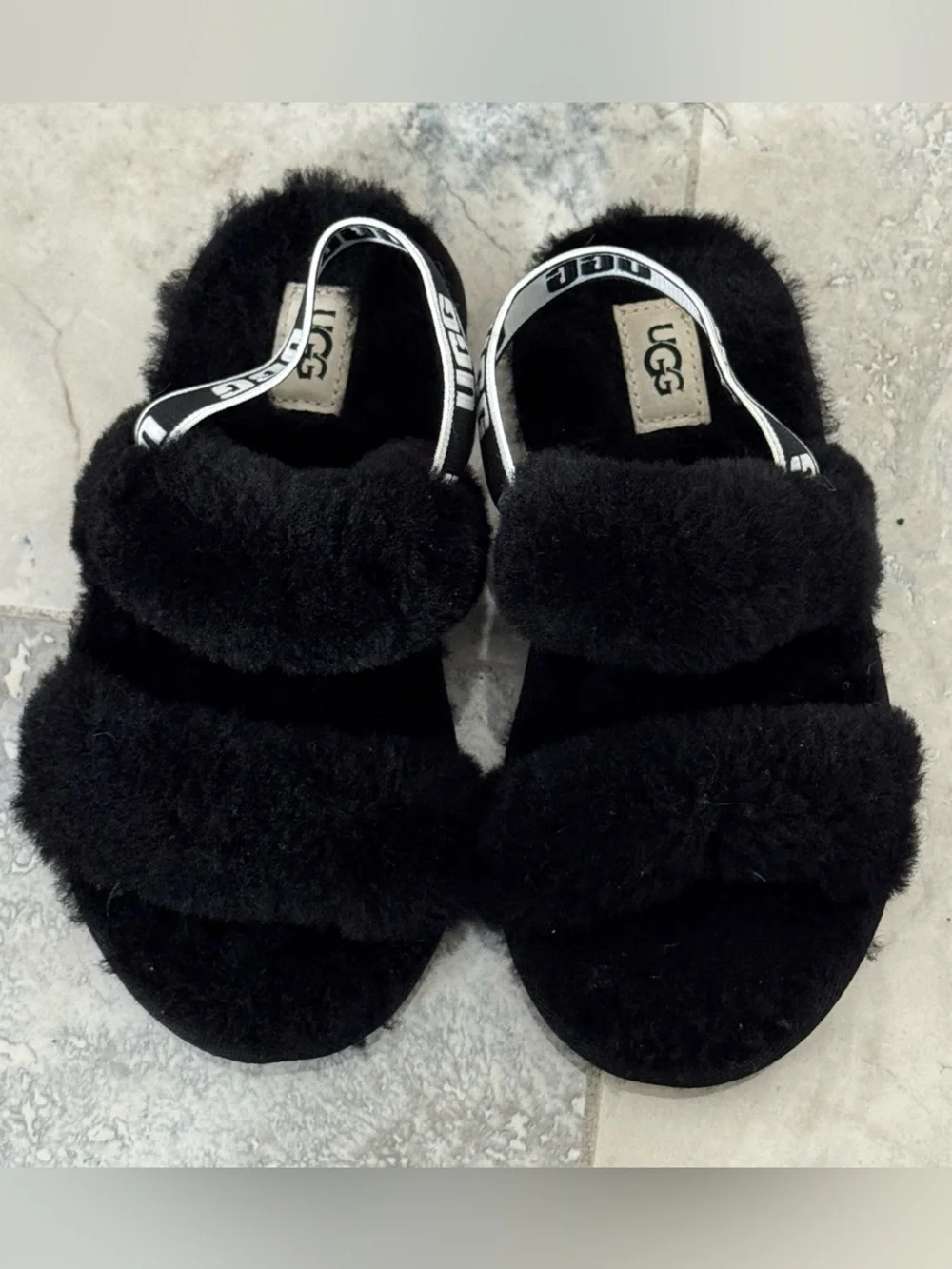 NWOT UGG Kids Black Fuzz Sandals with Branded Slingback
